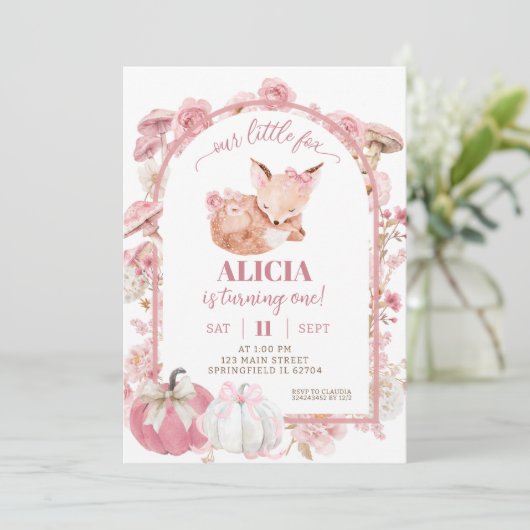 秋パンプキンホワイト&ピンクキツネガール誕生日 招待状 (スタンド正面)