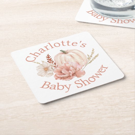 秋パンプキンボホフローラベビーシャワー スクエアペーパーコースター (アングル)