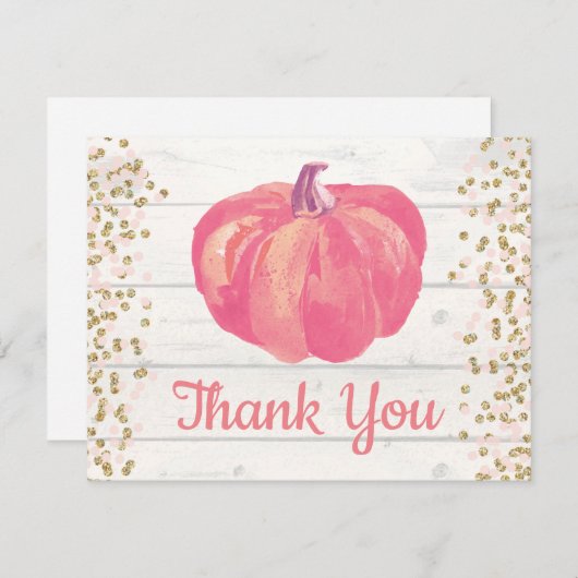 秋パンプキン素朴ピンク金ゴールドグリッター紙吹雪 サンキューカード (正面/裏面)
