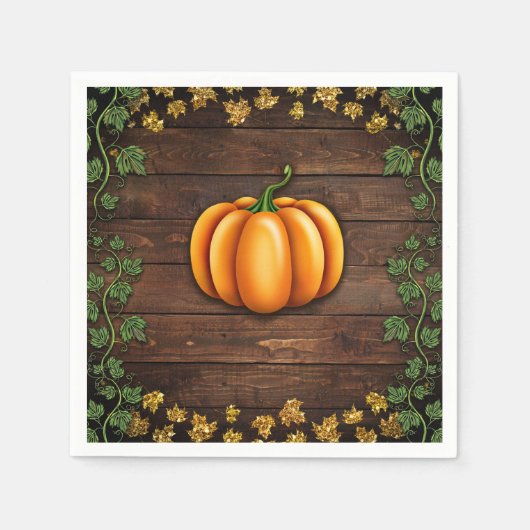 秋パンプキ素朴ングリーン金ゴールドアイビーオータムカントリー スタンダードカクテルナプキン (正面)
