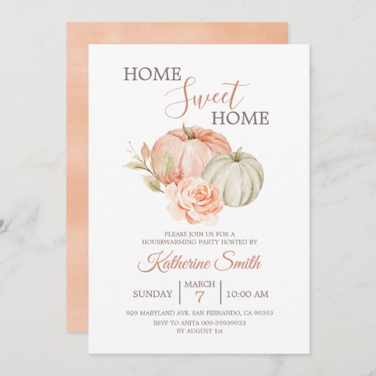 秋パンプキ素朴ンフローラ引っ越し祝いパーティーパーティー 招待状 (正面/裏面)