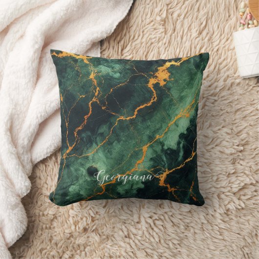 秋パーソナライズされたの森グリーン&金ゴールド大理石 クッション (ブランケット)