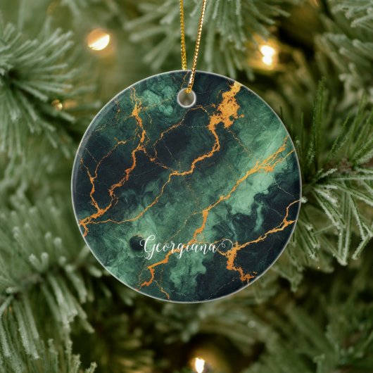 秋パーソナライズされたの森グリーン&金ゴールド大理石 セラミックオーナメント (ツリー)