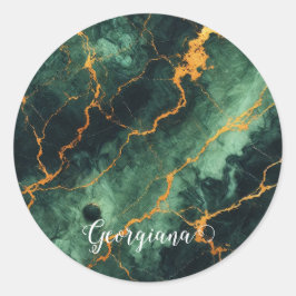 秋パーソナライズされたの森グリーン&金ゴールド大理石 ラウンドシール