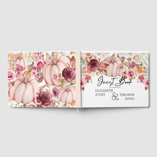 秋パーソナライズされたの結婚ピンクのバーガンディのカボチャ ゲストブック (全面)
