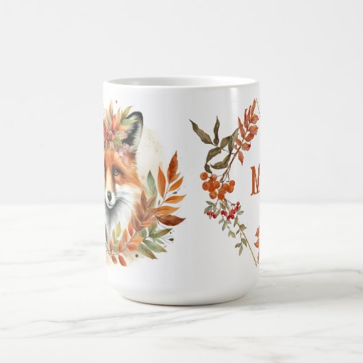 秋パーソナライズされたをテーマにした可愛いキツネフラワー誕生日 コーヒーマグカップ (中央)
