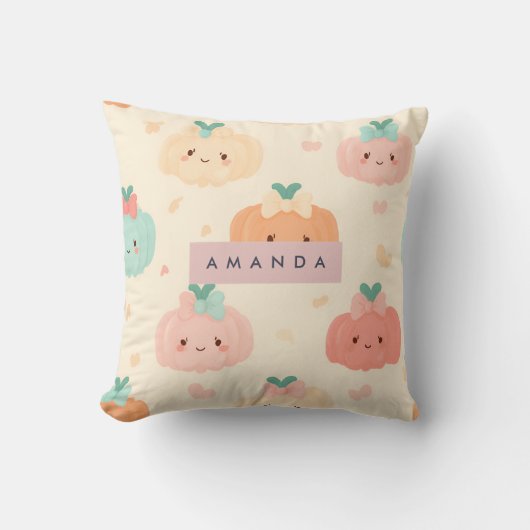 秋パーソナライズされたオータムパステルキュートカボンプキン クッション (正面)