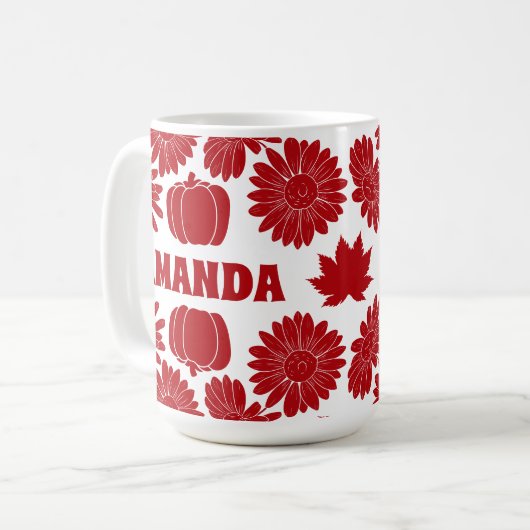 秋パーソナライズされた秋の花かぼちゃ赤 コーヒーマグカップ (正面左)