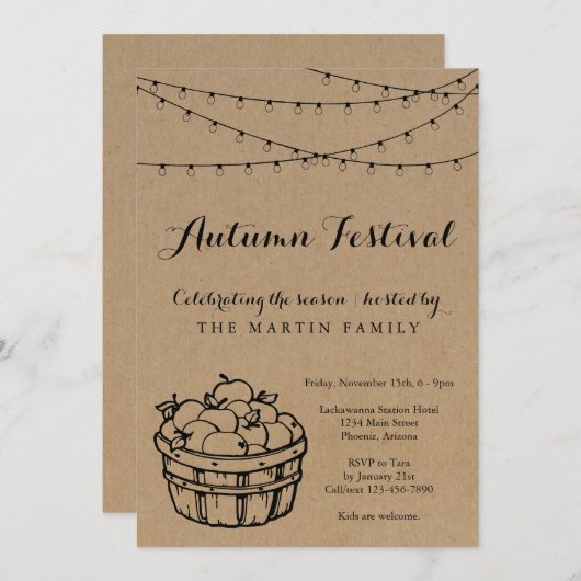 秋パーティー秋フェスティバル|クラフ素朴ト紙 招待状 (正面/裏面)