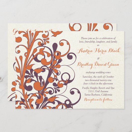 秋パープルオレンジフローラ結婚式招待状 招待状 (正面/裏面)