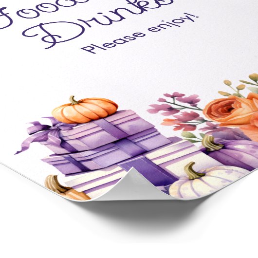 秋パープルカボチャ赤ちゃんシャワー食品&ドリンクサイン ポスター (角)