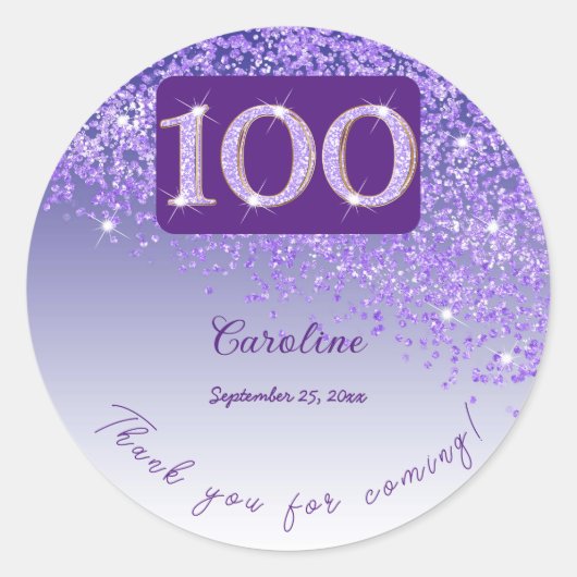 秋パープルグリッター100誕生日 ラウンドシール (正面)