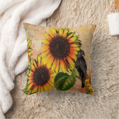 秋ヒマワリとクロウブラックバード装飾用クッション クッション (ブランケット)