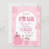 秋ピンクお洒落レトロティーガール4th誕生日 招待状 (正面)