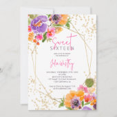 秋ピンクの金ゴールドフローラ水の色の写真Sweet 16 招待状 (正面)