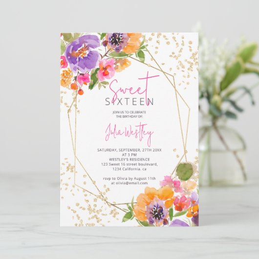 秋ピンクの金ゴールドフローラ水の色の写真Sweet 16 招待状 (スタンド正面)