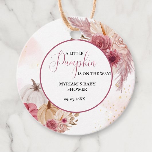 秋ピンクカボチャフローラガールベビーシャワー フェイバータグ (正面)