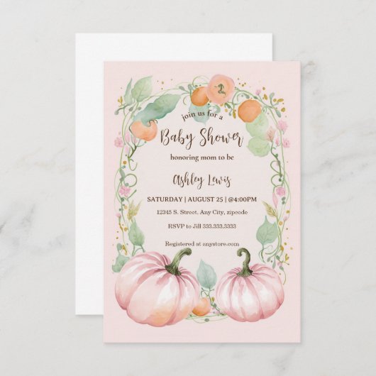 秋ピンクカボチャ赤ちゃんシャワー招待 招待状 (正面/裏面)