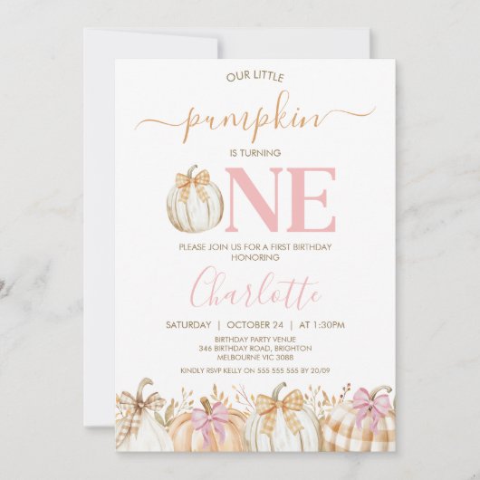 秋ピンクガールズプレイドリトルカボチャ1st誕生日 招待状 (正面)