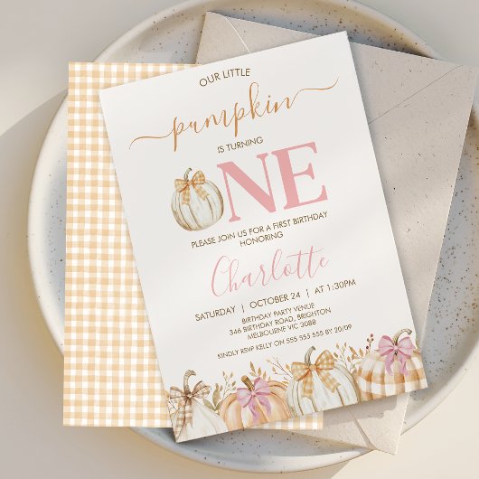 秋ピンクガールズプレイドリトルカボチャ1st誕生日 招待状