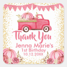 秋ピンクトラックカボチャ1歳の誕生日 スクエアシール