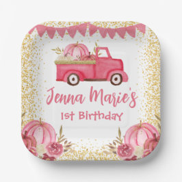 秋ピンクトラックカボチャ1歳の誕生日 ペーパープレート