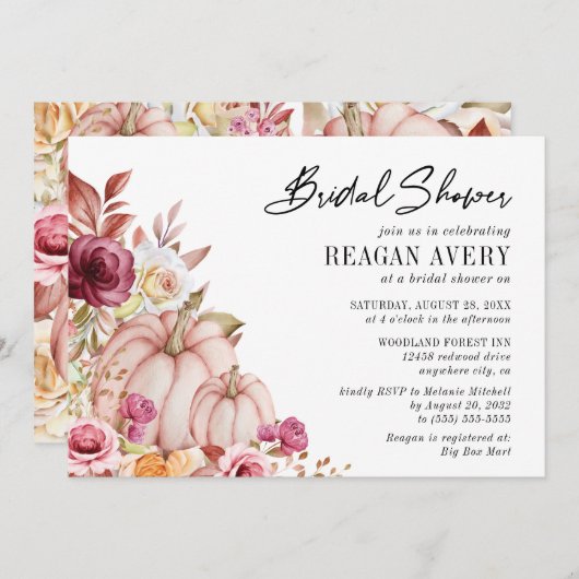 秋ピンクバーガンディパンプキンブライダルシャワーインビタット 招待状 (正面/裏面)