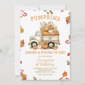 秋ピンクパンプキントラックガール誕生日秋フローラ 招待状 (正面)