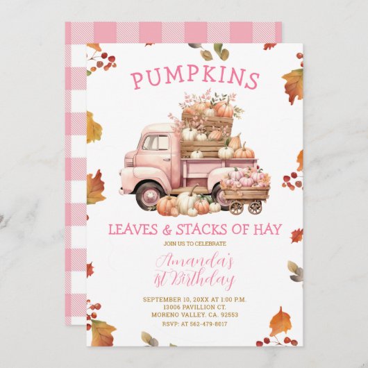 秋ピンクパンプキントラックガール1st誕生日の秋 招待状 (正面/裏面)