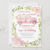 秋ピンクパンプキントラック誕生日ガール招待状 招待状 (正面)