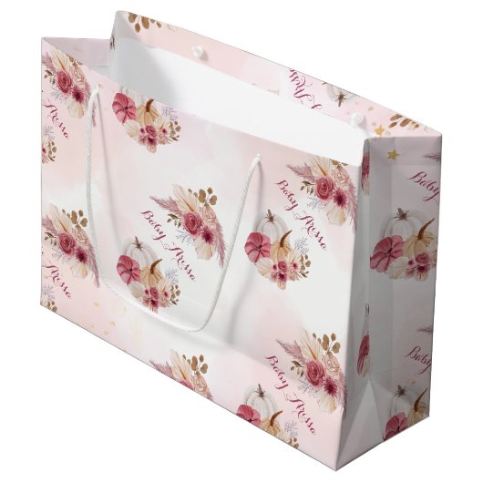 秋ピンクパンプキンパンパスグラスガールベビーシャワー ラージペーパーバッグ (正面アングル)