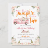 秋ピンクフローラパンプキンズハーベストトラック誕生日 招待状 (正面)