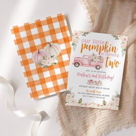 秋ピンクフローラパンプキンズハーベストトラック誕生日 招待状