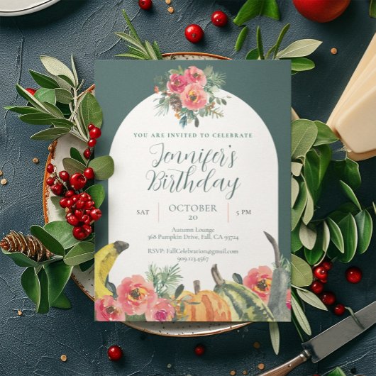 秋ピンクフローラ鮮やかパンプキンス誕生日パーティー 招待状