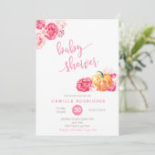 秋ピンクベビーシャワー招待状、スクリプトフォントカボチャ 招待状 (スタンド正面)