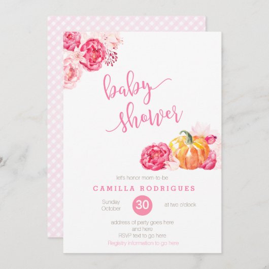 秋ピンクベビーシャワー招待状、スクリプトフォントカボチャ 招待状 (正面/裏面)