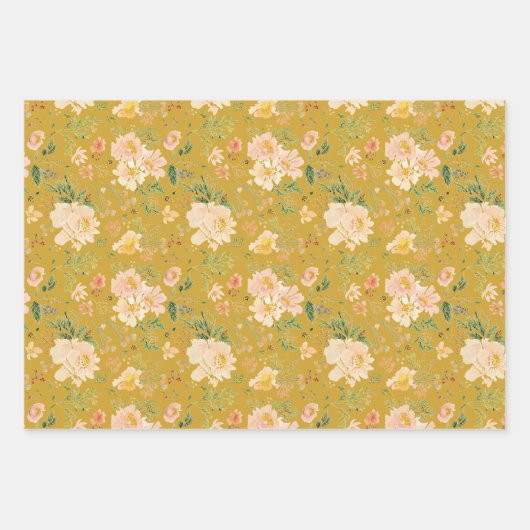 秋ピーチフラワーウォーターカラーオンセイロンイエロー ラッピングペーパーシート (正面3)