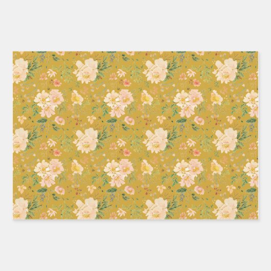 秋ピーチフラワーウォーターカラーオンセイロンイエロー ラッピングペーパーシート (正面2)