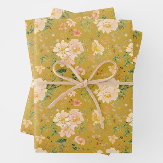 秋ピーチフラワーウォーターカラーオンセイロンイエロー ラッピングペーパーシート (インサイチュ)