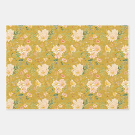 秋ピーチフラワーウォーターカラーオンセイロンイエロー ラッピングペーパーシート