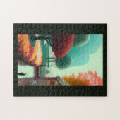 秋ファンタジーの町ゴールデンレッドとグリーン葉 ジグソーパズル (横)