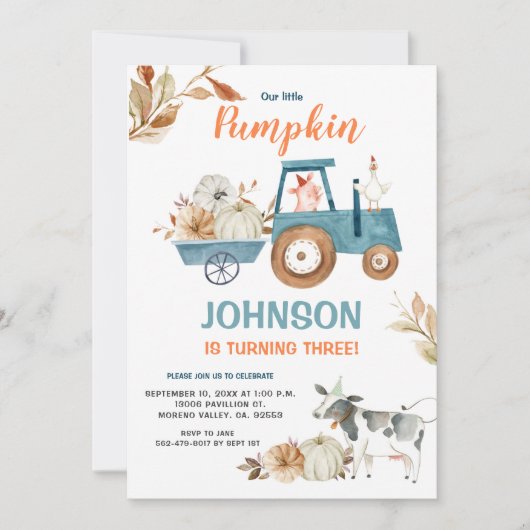 秋ファームウアーリトルカボチャ誕生日 招待状 (正面)