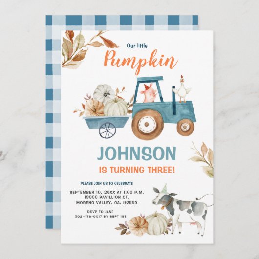 秋ファームウアーリトルカボチャ誕生日 招待状 (正面/裏面)