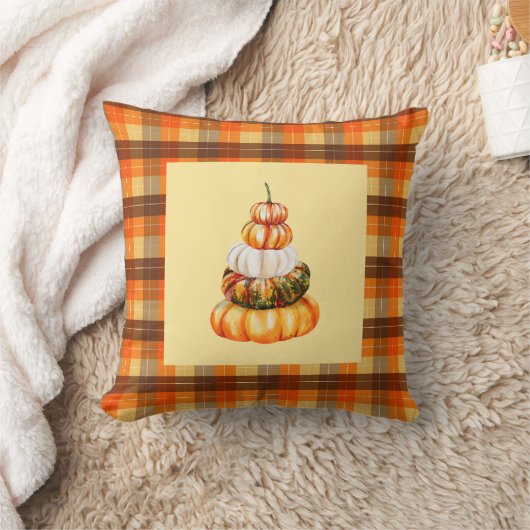 秋ファームハウスパンプキンズアンドオレンジブラウンプレイド クッション (ブランケット)