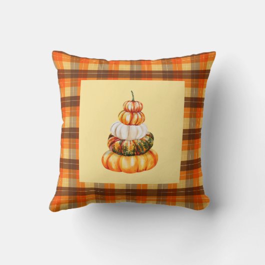 秋ファームハウスパンプキンズアンドオレンジブラウンプレイド クッション (裏面)