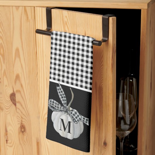 秋ファームハウスパンプキン白黒バッファロープレイド キッチンタオル (三つ折り)