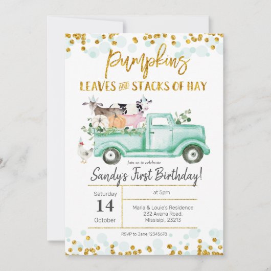 秋ファームパンプキントラック誕生日招待状 招待状 (正面)
