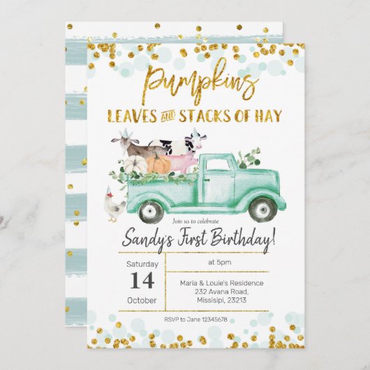 秋ファームパンプキントラック誕生日招待状 招待状 (正面/裏面)