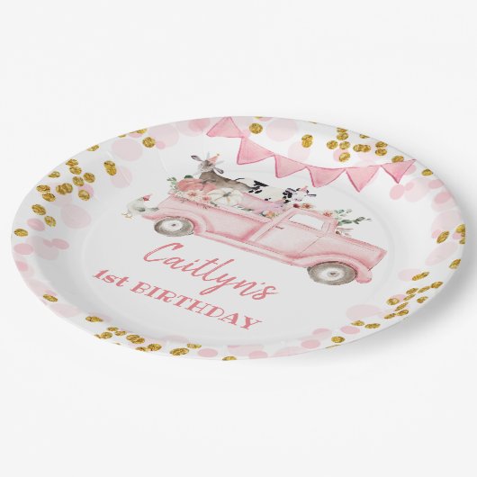 秋ファームパンプキンピンクトラックドライブバイ誕生日 ペーパープレート (アングル)