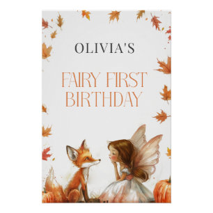 秋フェアリーファースト誕生日招待状とキツネブルネット ポスター